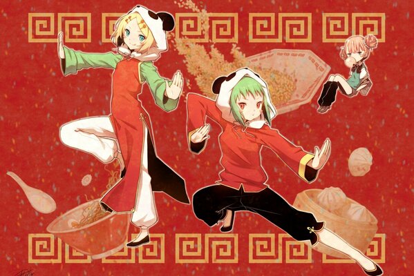 Kagamine rin sobre fondo rojo en poses de combate