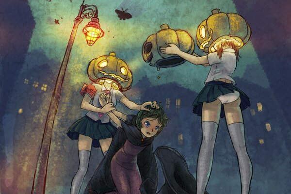 Two girls dress up their friends with a pumpkin mask