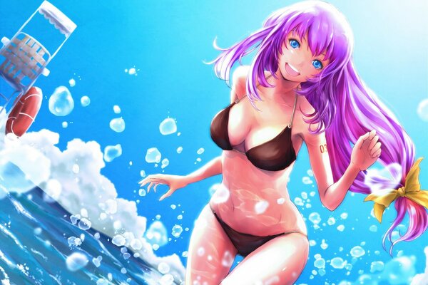 Megurine luka in a swimsuit on the background of water and bubbles