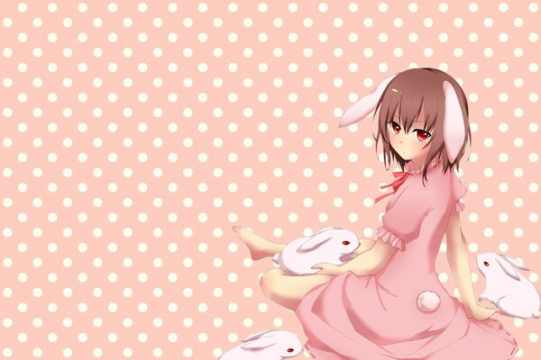 A gentle fairy among bunnies on a pink background