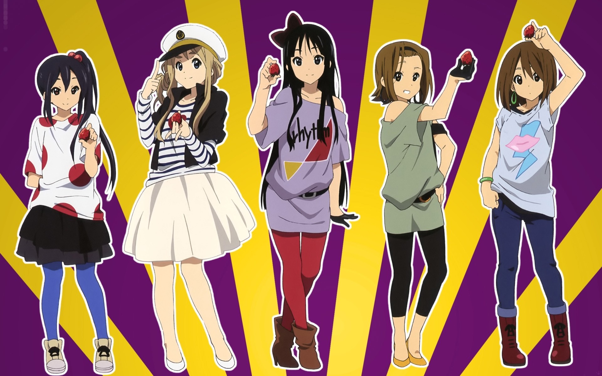 hort hair blue eyes blonde hair hat kotobuki tsumugi black hair red eyes tights long hair black eyes tail food brown hair boots brown eyes the group torment fruits skirt t-shirt strawberry