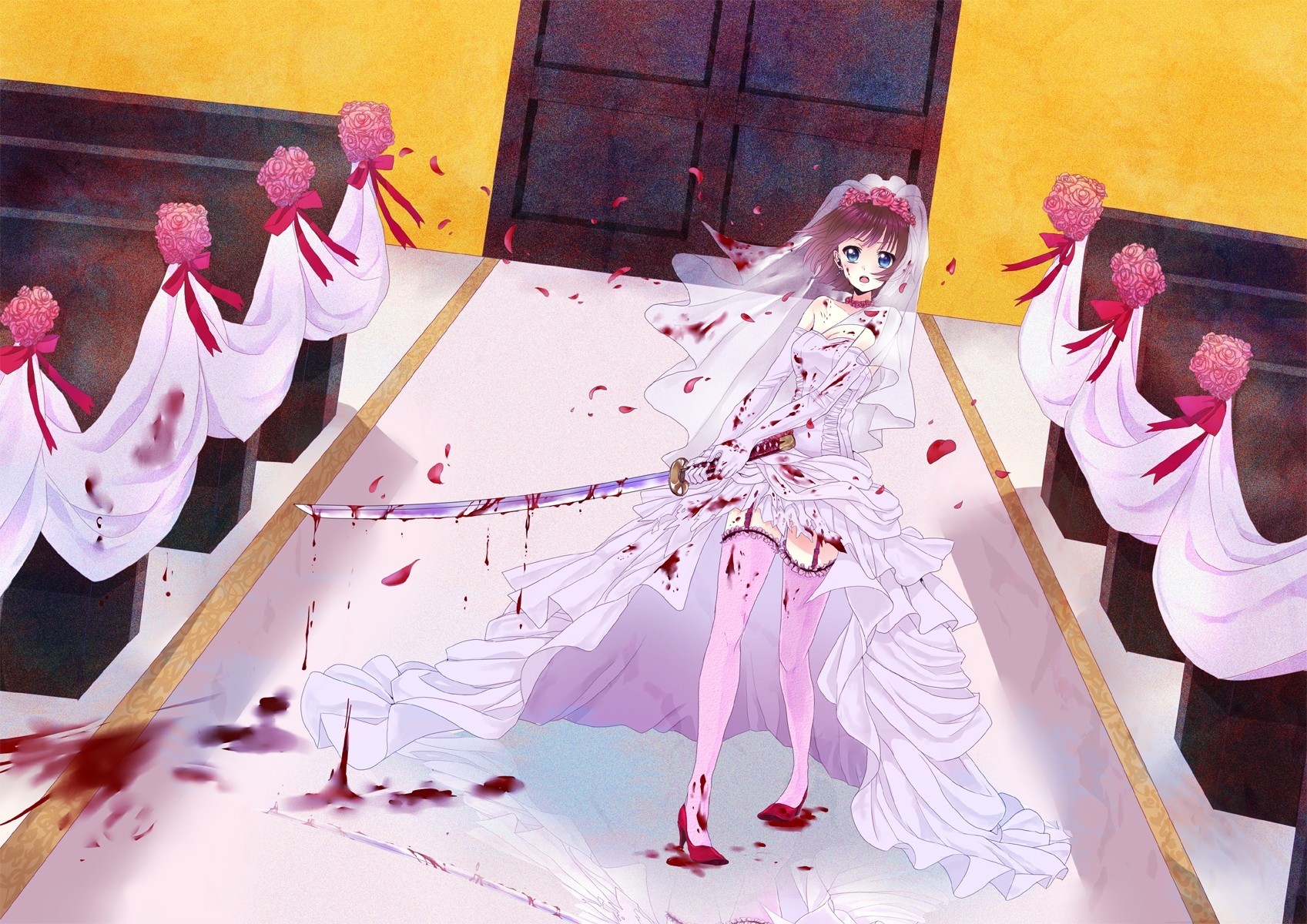 blue eyes short hair weapon katana blood sword stockings wedding dress thighhighs brown hair