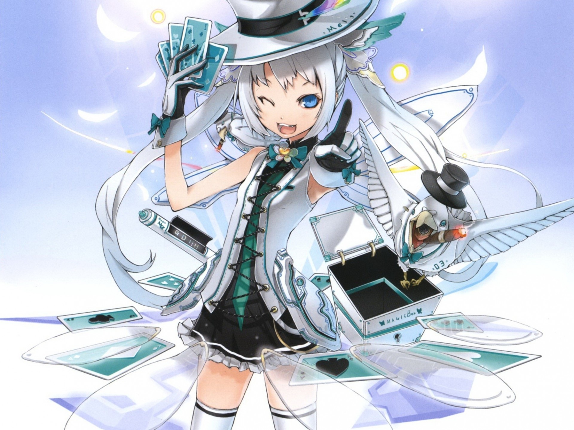 yeux bleus clin d oeil chapeau animaux twintails cheveux blancs gants ailes oiseaux