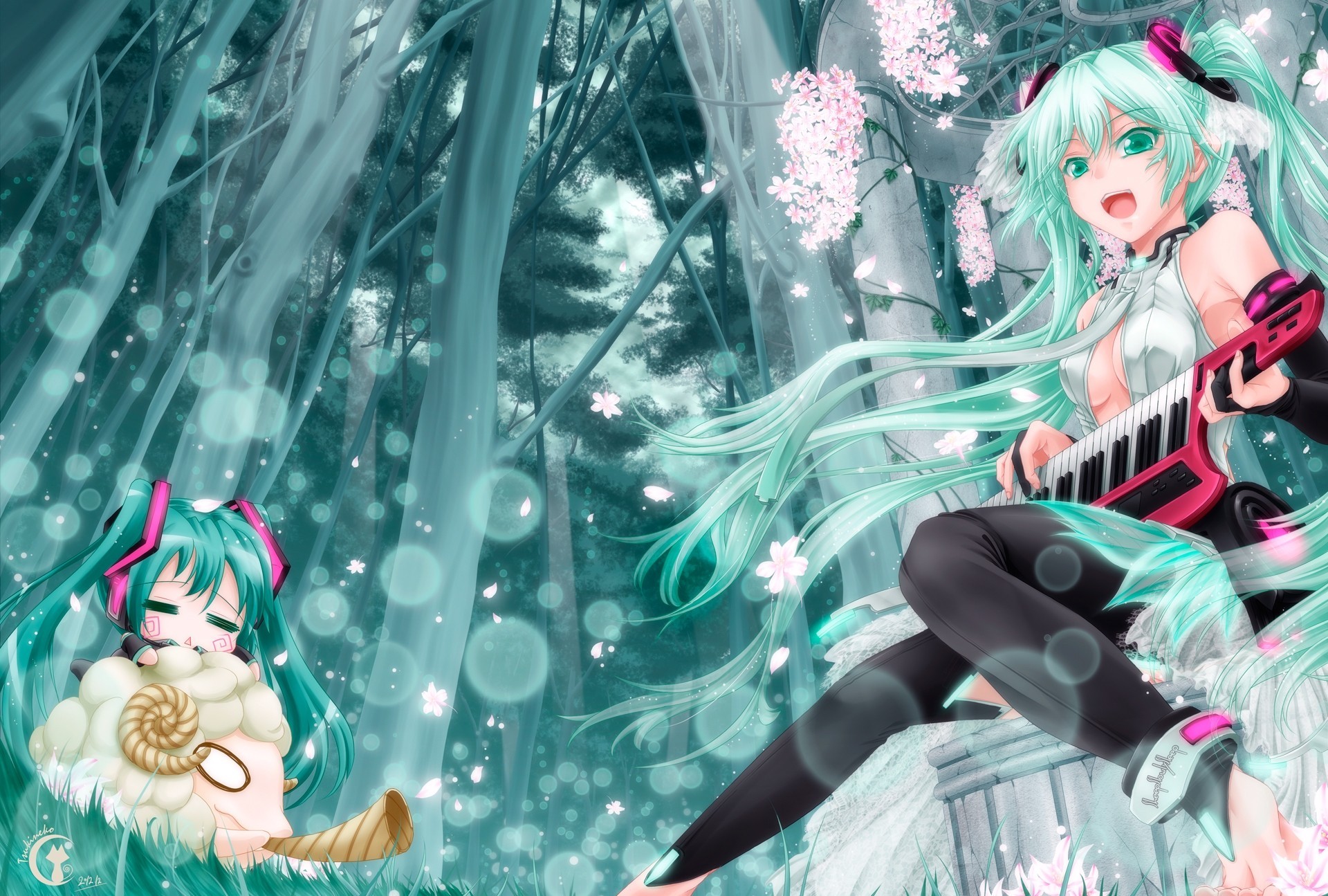 petals hatsune miku chibi animals tree long hair cherry device