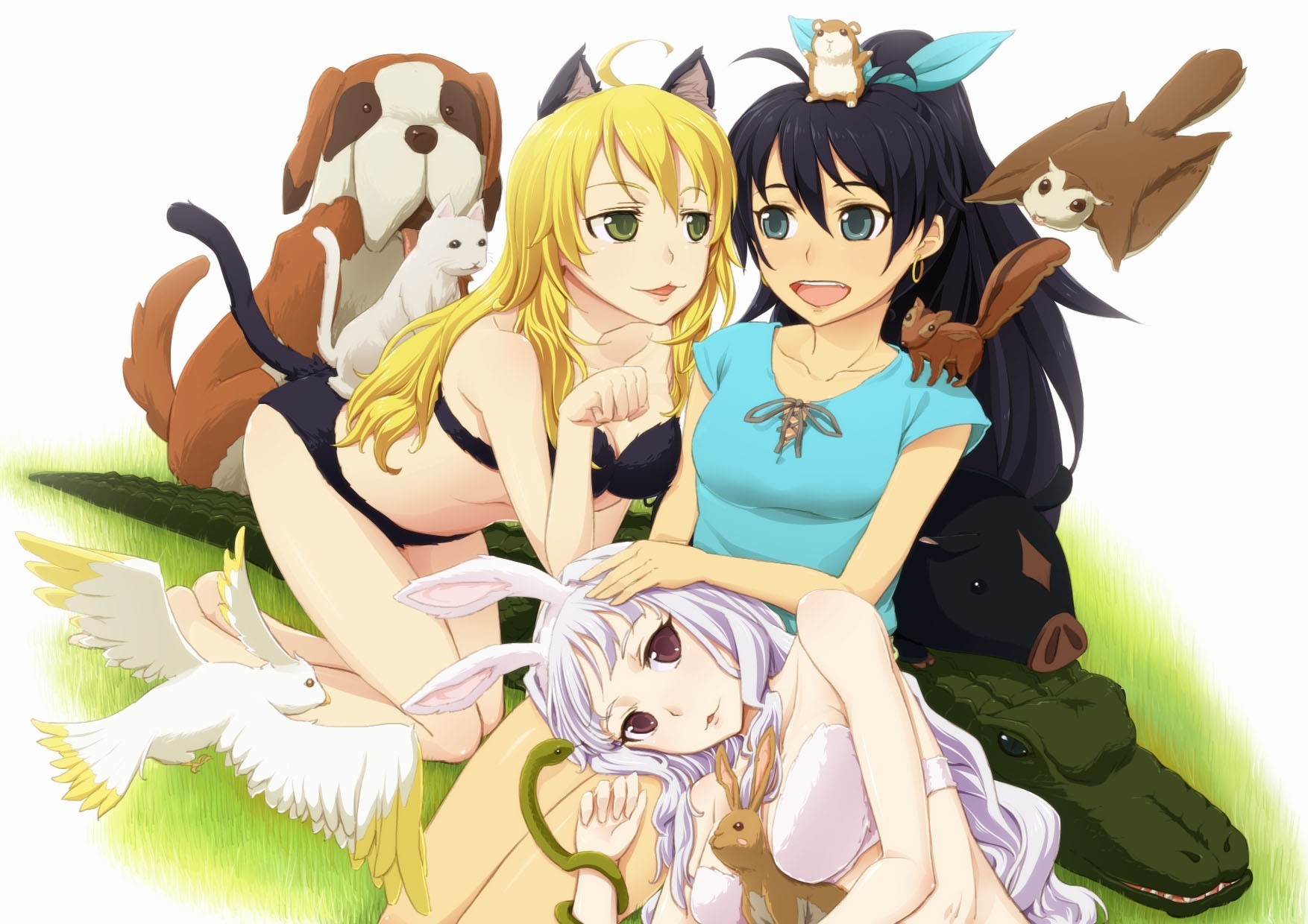 hoshii miki blue eyes brown eyes ganaha hibiki shijou takane blonde hair black hair animals green eyes white hair catgirl