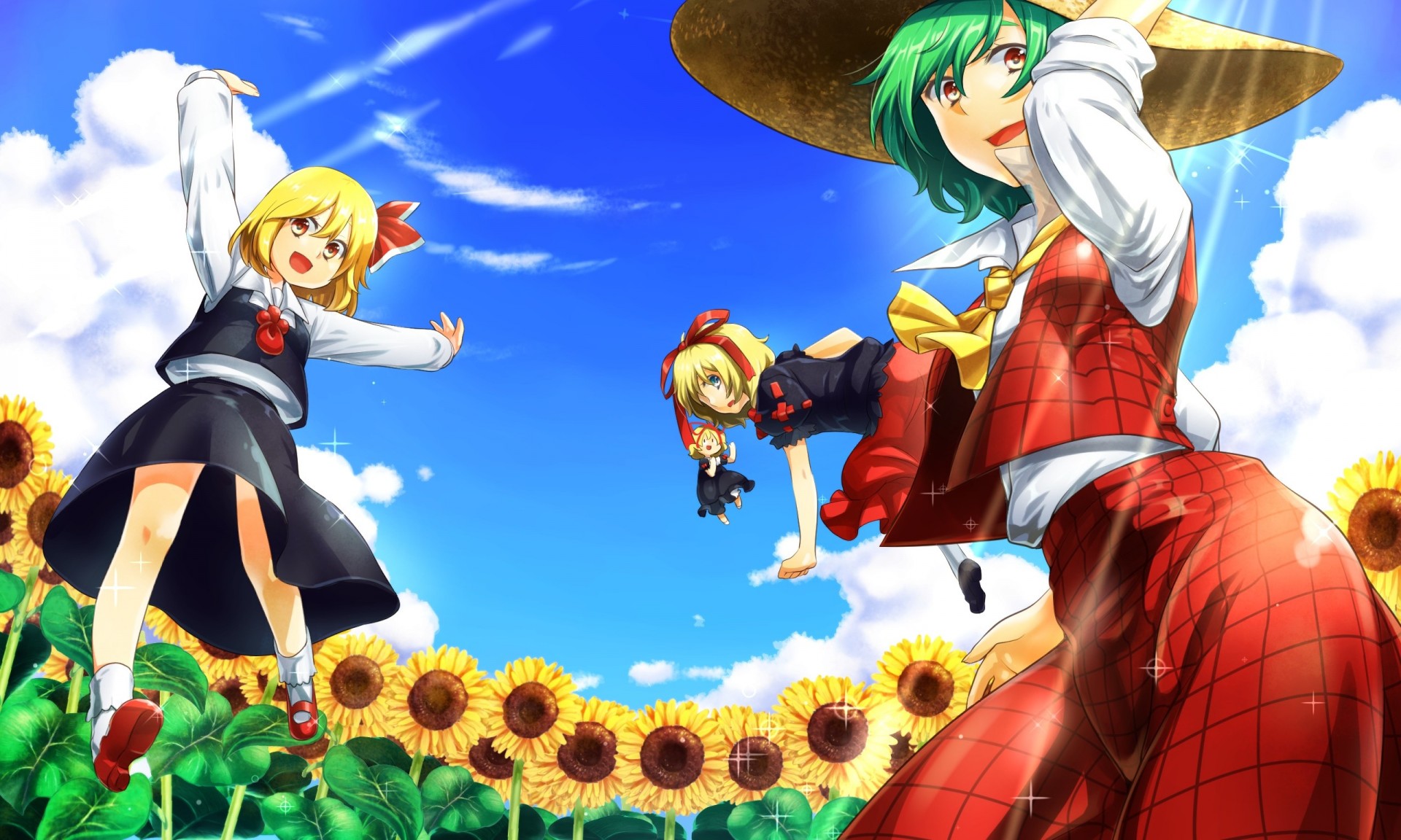 ojos azules pelo corto cinta pelo rubio sombrero kazami yuuka nubes arco pelo verde pelo largo ojos anaranjados flores girasol