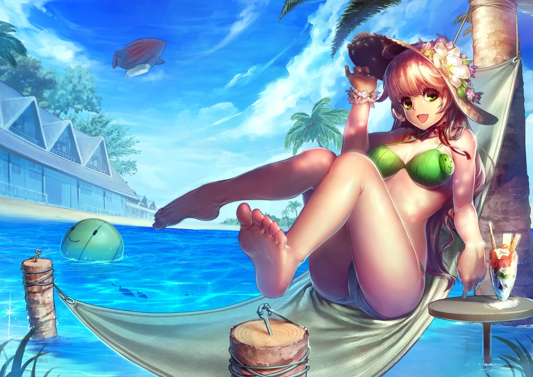 barefoot hat bikini swimsuit green eyes tagme water