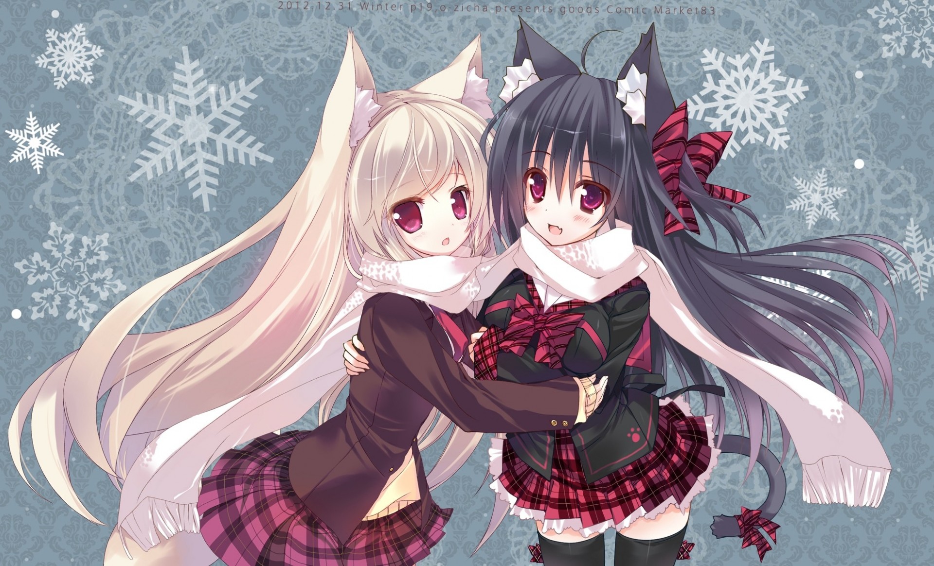 eifuku pelo rubio 2girls pelo negro bufanda pelo largo colmillo thighhighs catgirl orejas de animales cola de caballo