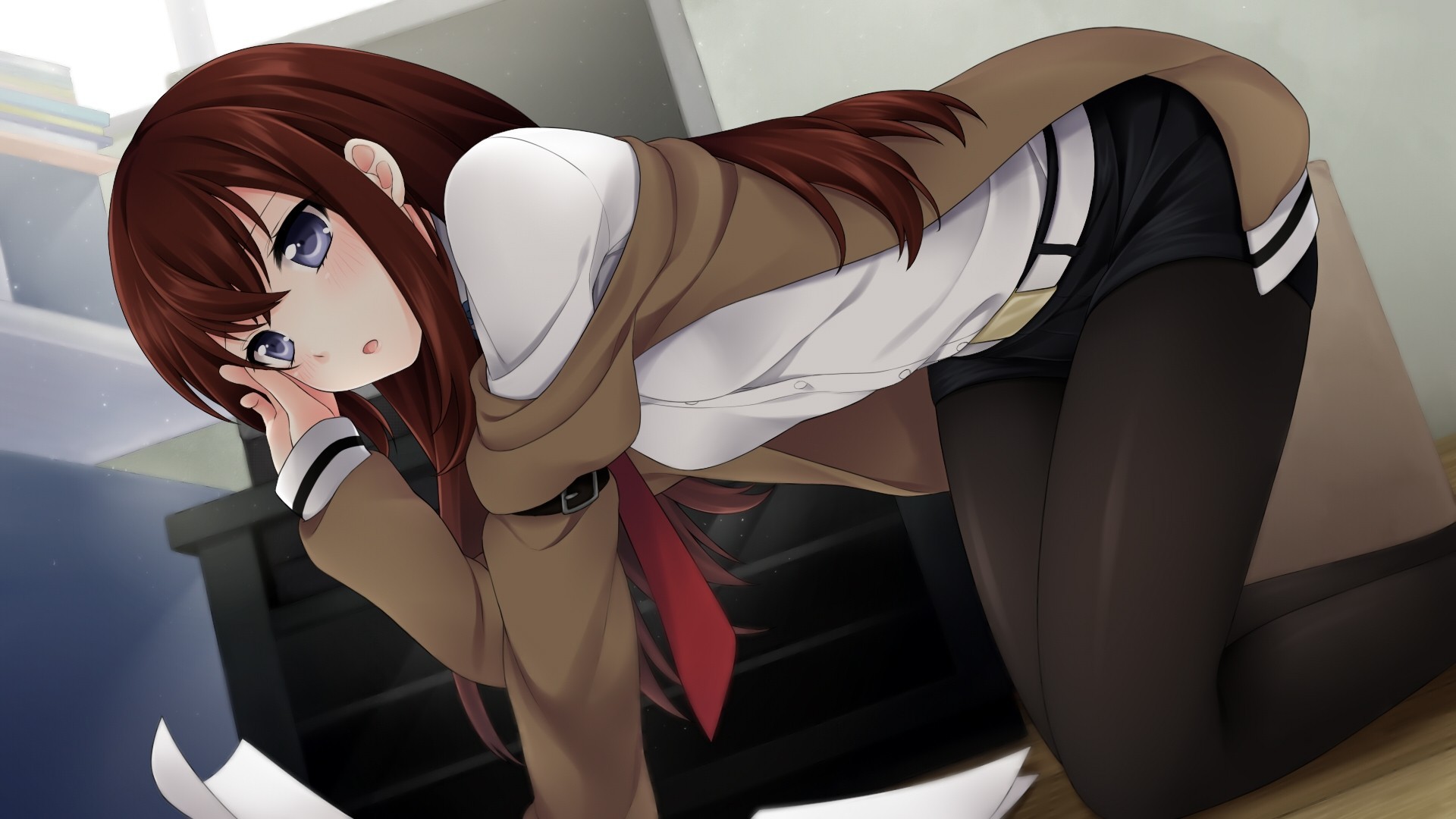 ojos azules makise kurisu rubor medias pelo largo pantalones cortos pelo marrón