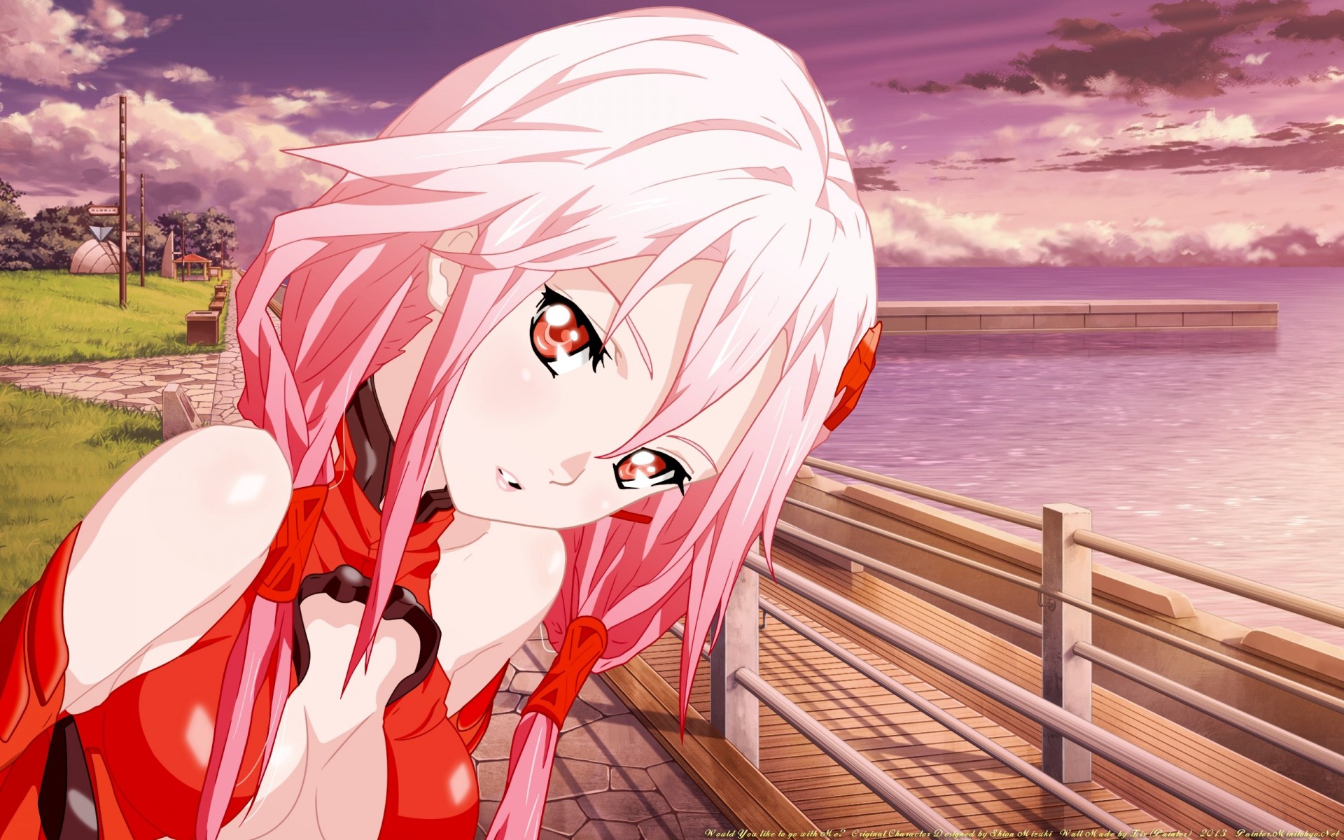 himmel wolken rote augen rosa haare yuzuriha inori