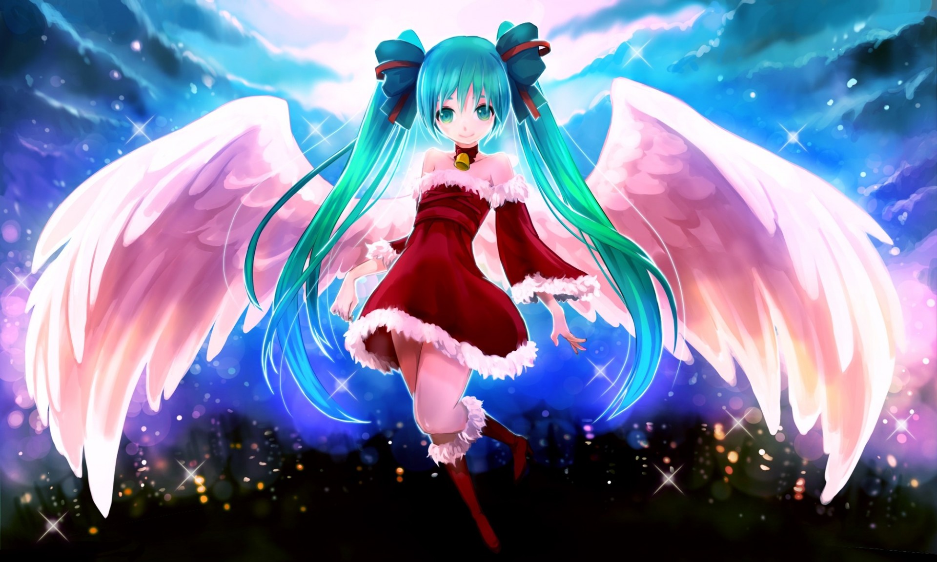 cheveux longs nuages arc nuit yeux verts twintails lune s habiller ailes hatsune miku