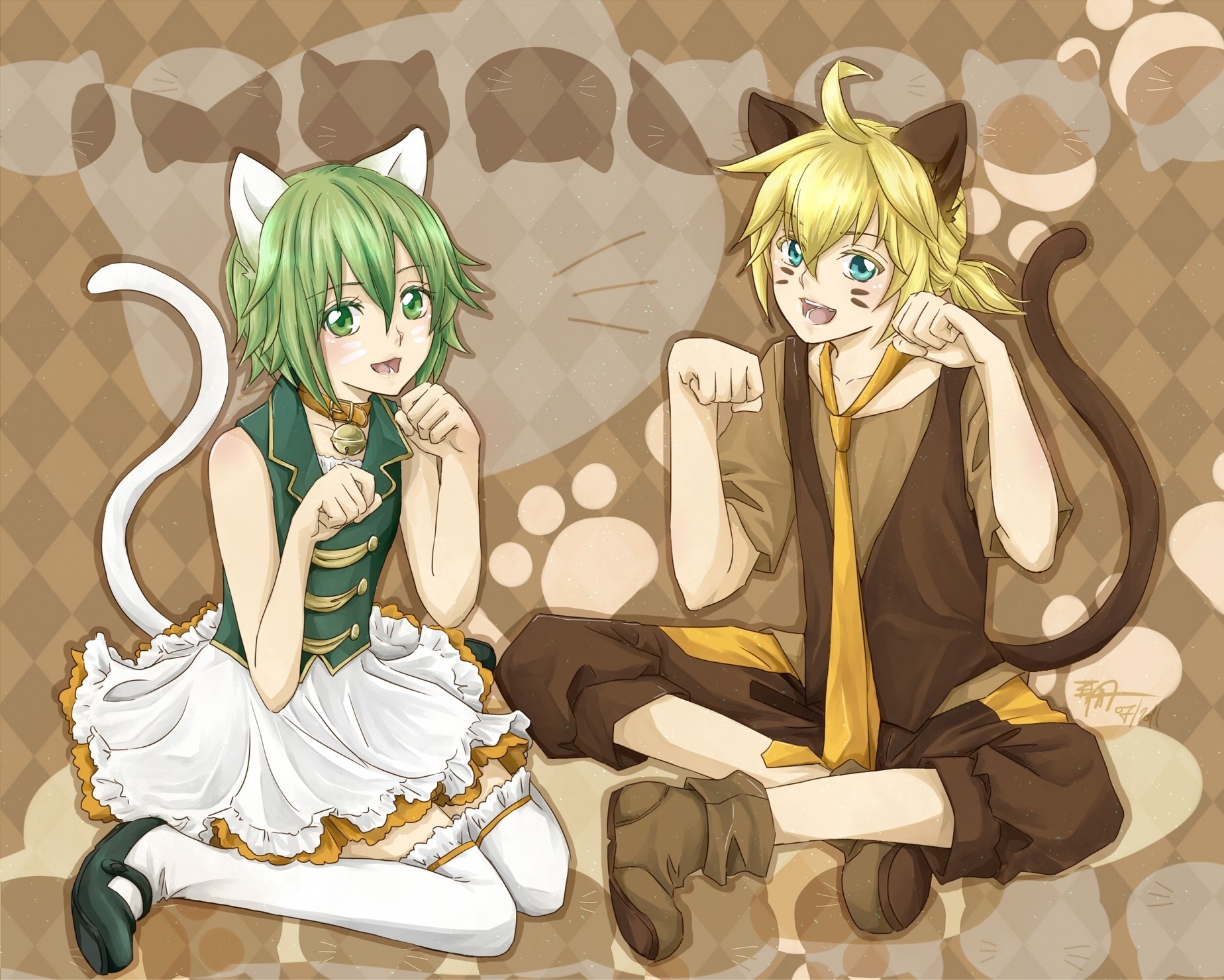 blue eyes short hair catgirl blonde hair kagamine len green hair green eyes men thighhighs dress tail