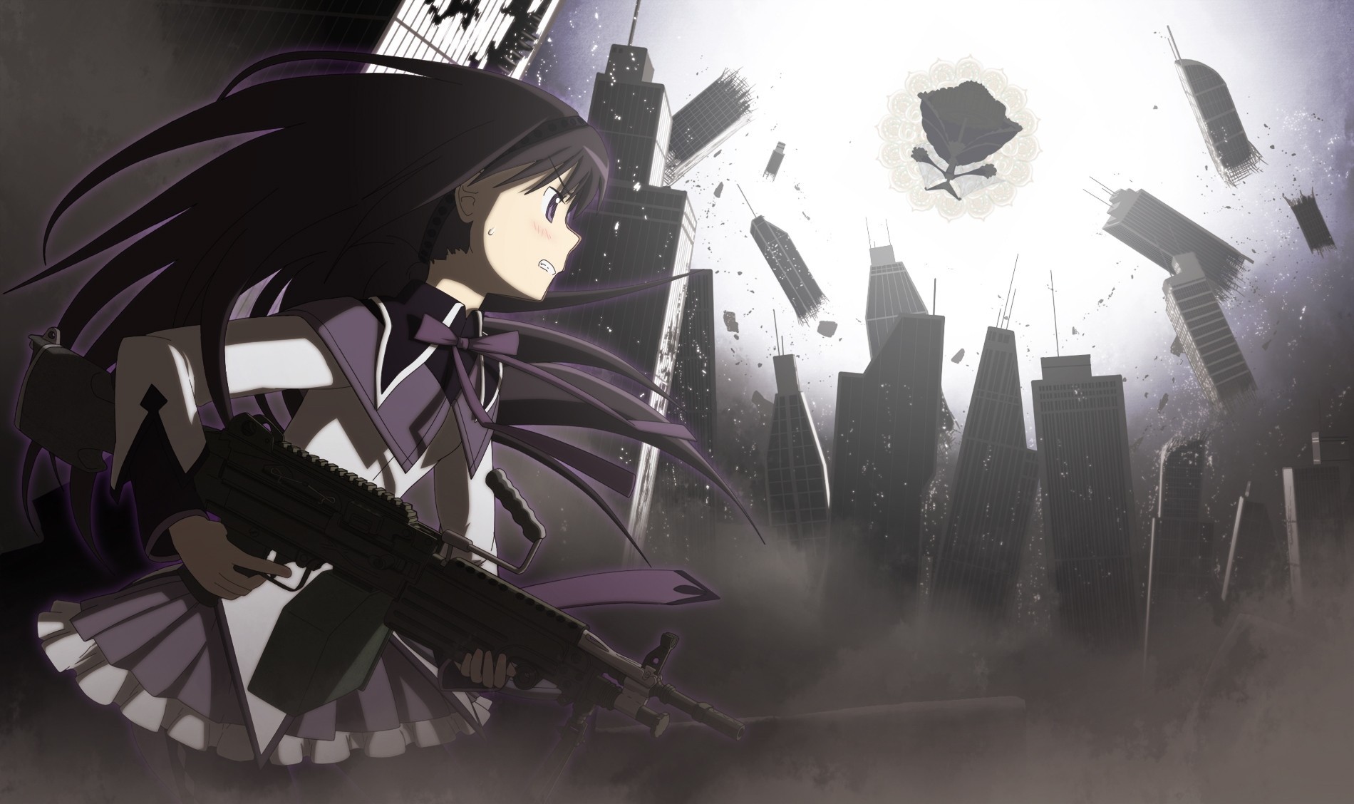 ciel forteresse volante seifuku cheveux longs arc cheveux noirs armes bâtiment yeux violets akemi homura collants