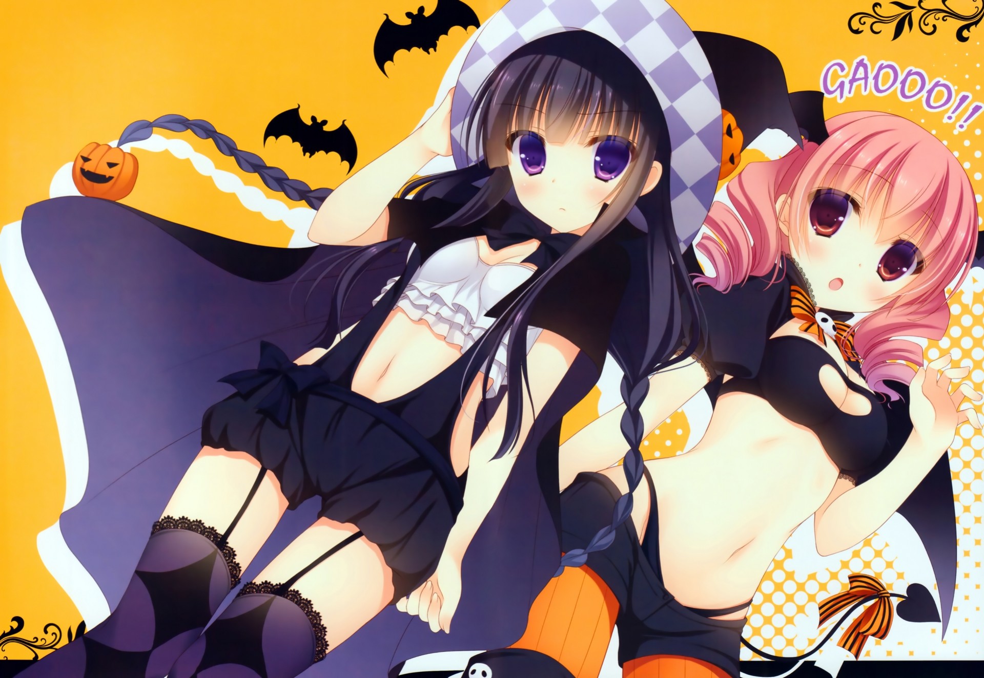 pink hair roromiya karuta black hair 2girls stockings thighhighs navel tail