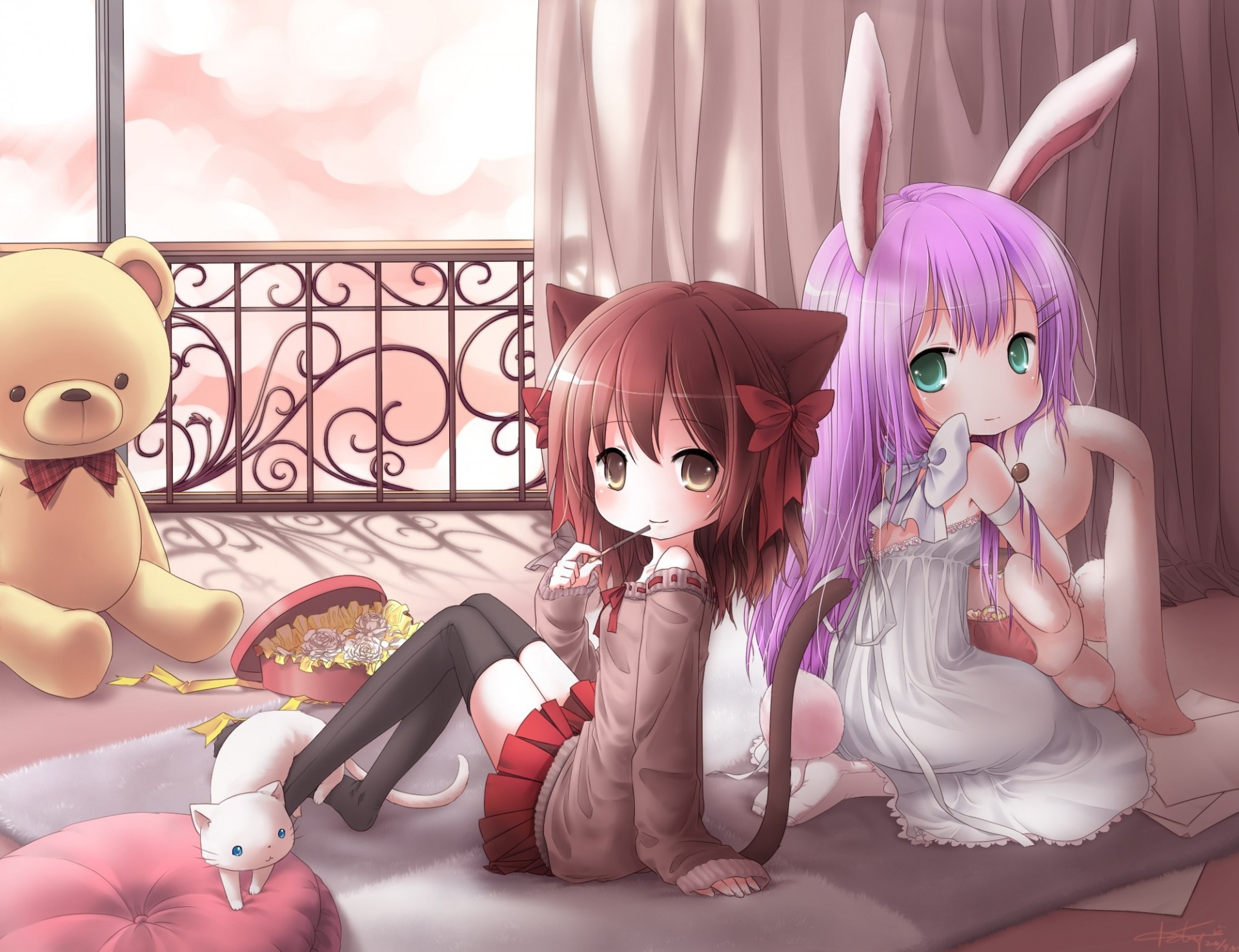 brązowe oczy loli łuk kot zwierząt fioletowe włosy bunnygirl zielone oczy catgirl miś