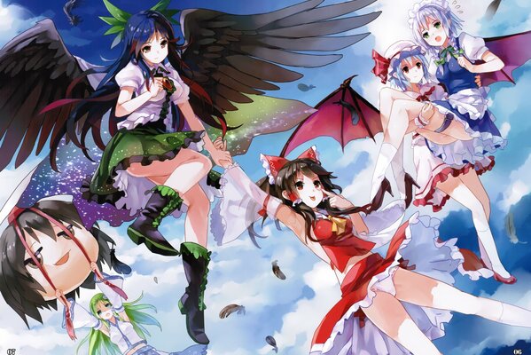 Anime filles anges planant dans le ciel