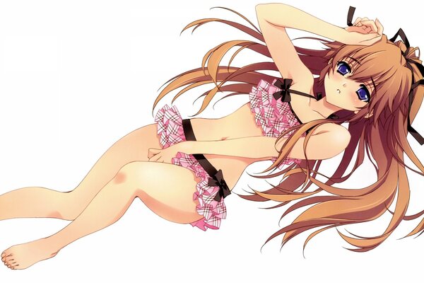 An animeshka with purple eyes is lying in a swimsuit