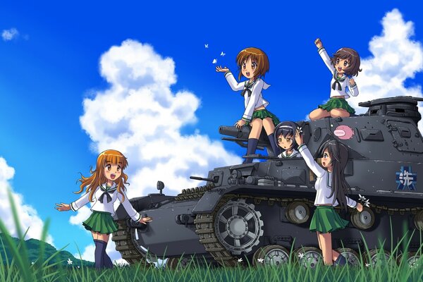 Fünf anime-Mädchen auf einem Tank