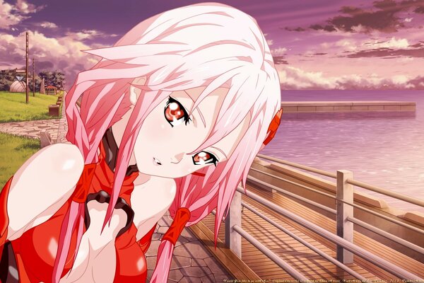 Yuzuriha Inori yeux rouges avec des cheveux roses