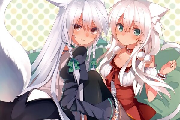 Anime two girls with long white hair in beautiful dresses