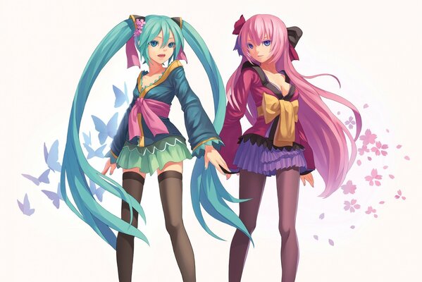 Две героини аниме hatsune miku и megurine luka с цветными волосами