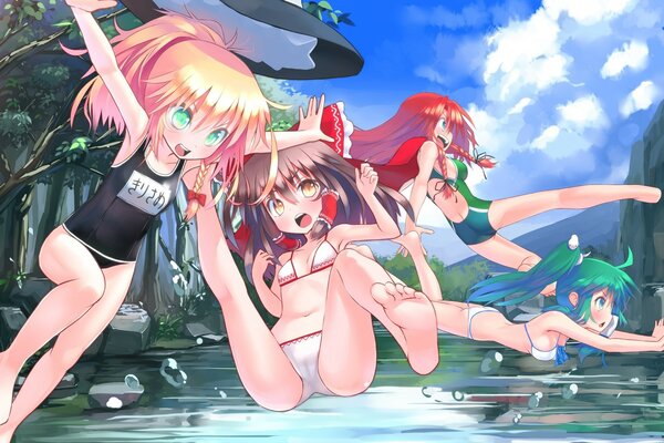 Anime Freundinnen am Strand Springen in den See