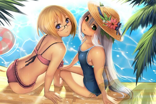 Two anime heroines in swimsuits on the side of the pool