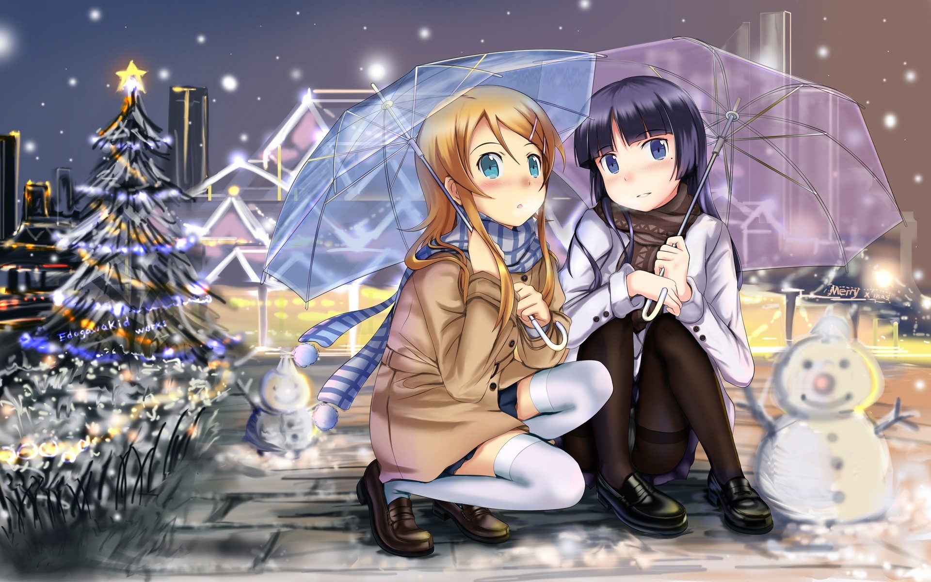 neige kousaka kirino jupe cheveux noirs nuit écharpe collants cheveux longs bas yeux noirs parapluie cheveux bruns