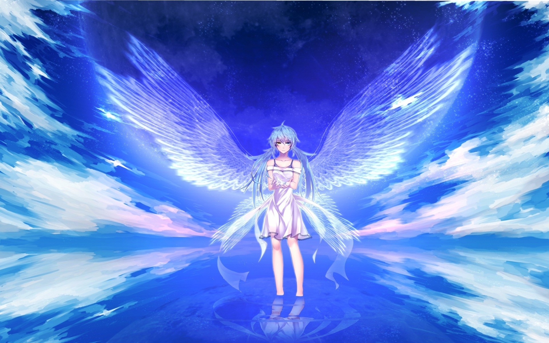 ky twintails clouds blue angel water dress wings hatsune miku blue hair