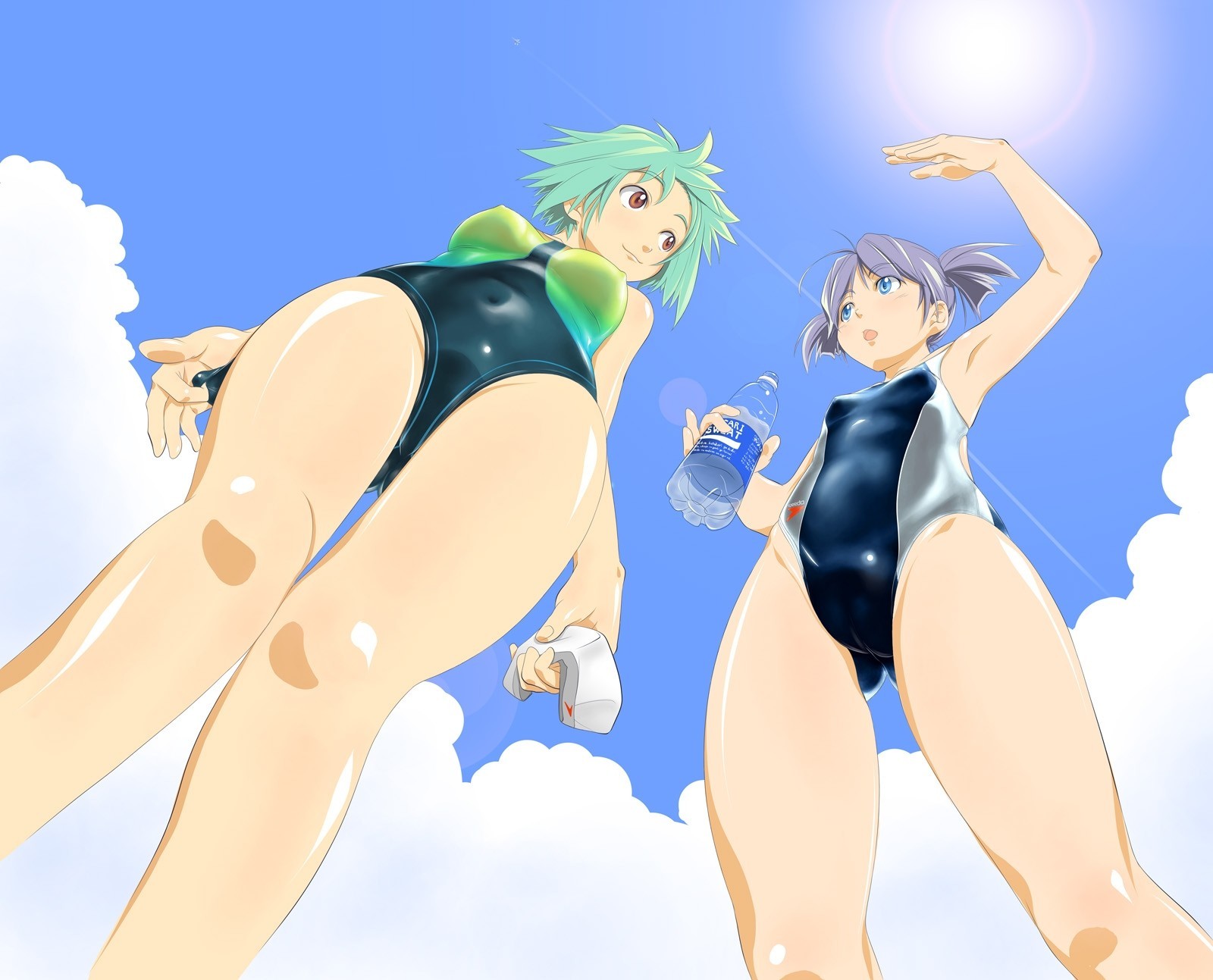 ciel yeux bleus maillot de bain cheveux verts 2girl