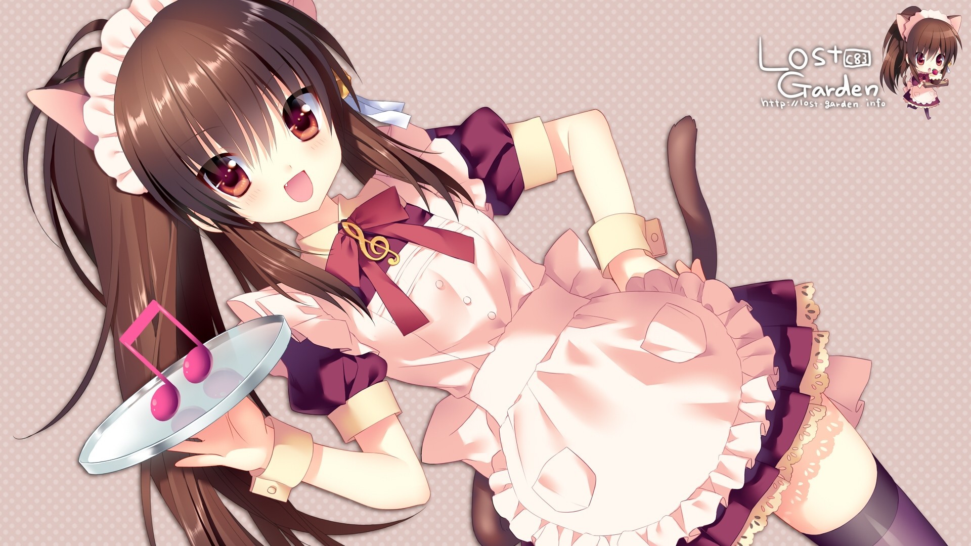 brown eyes tapes blush chibi maid long hair stockings food dress animal ears tail brown hair