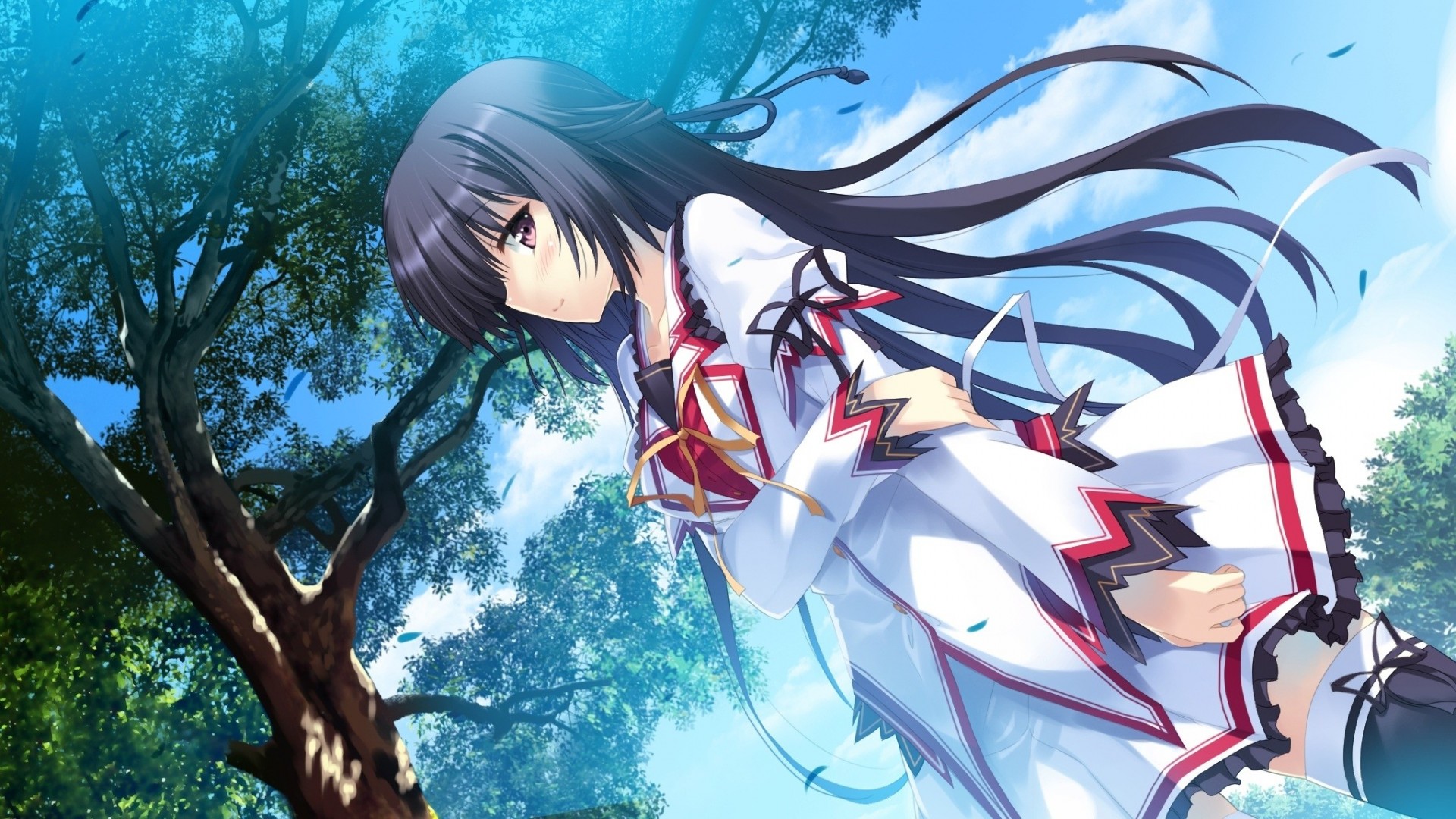 eifuku black hair tree long hair thighhighs beautiful