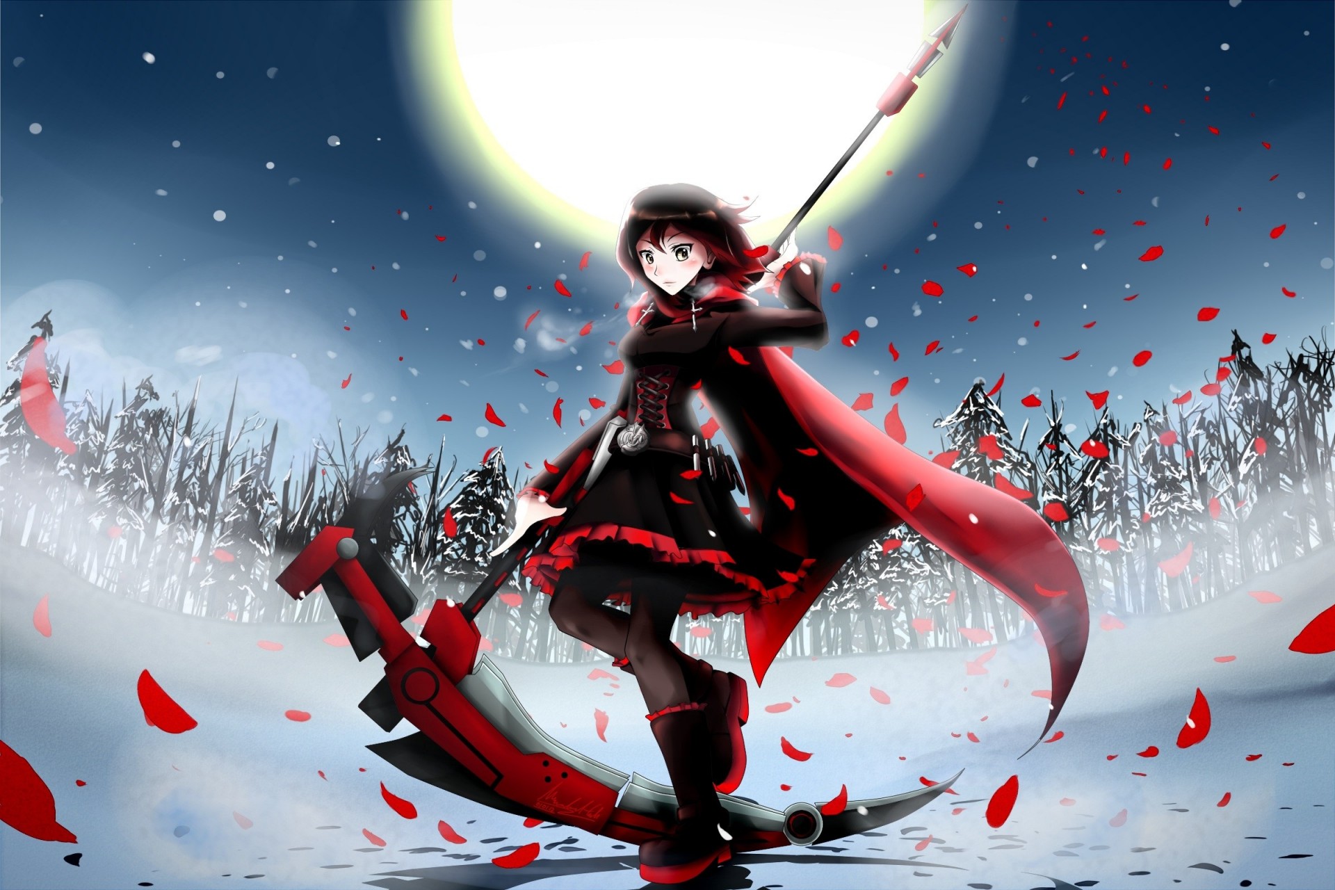 ruby boots petals snow cape skirt tights corset rose night spit moon flower winter weapon brown hair