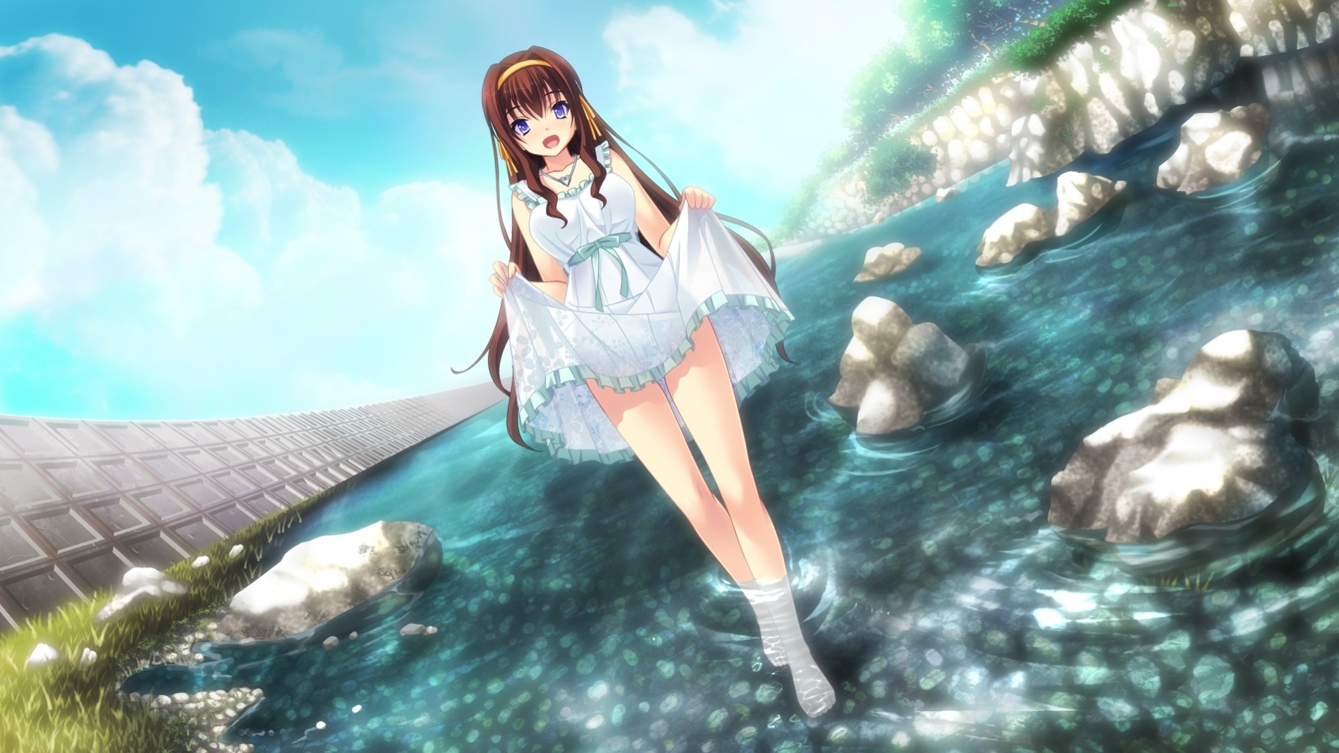 dress barefoot skirt long hair water brown hair