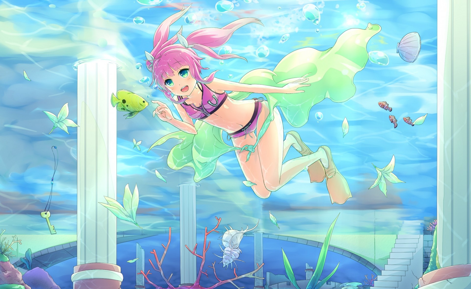 yeux bleus sous-marin cheveux roses poissons bulles arc coquille bikini maillot de bain animaux twintails escaliers eau fleurs nombril