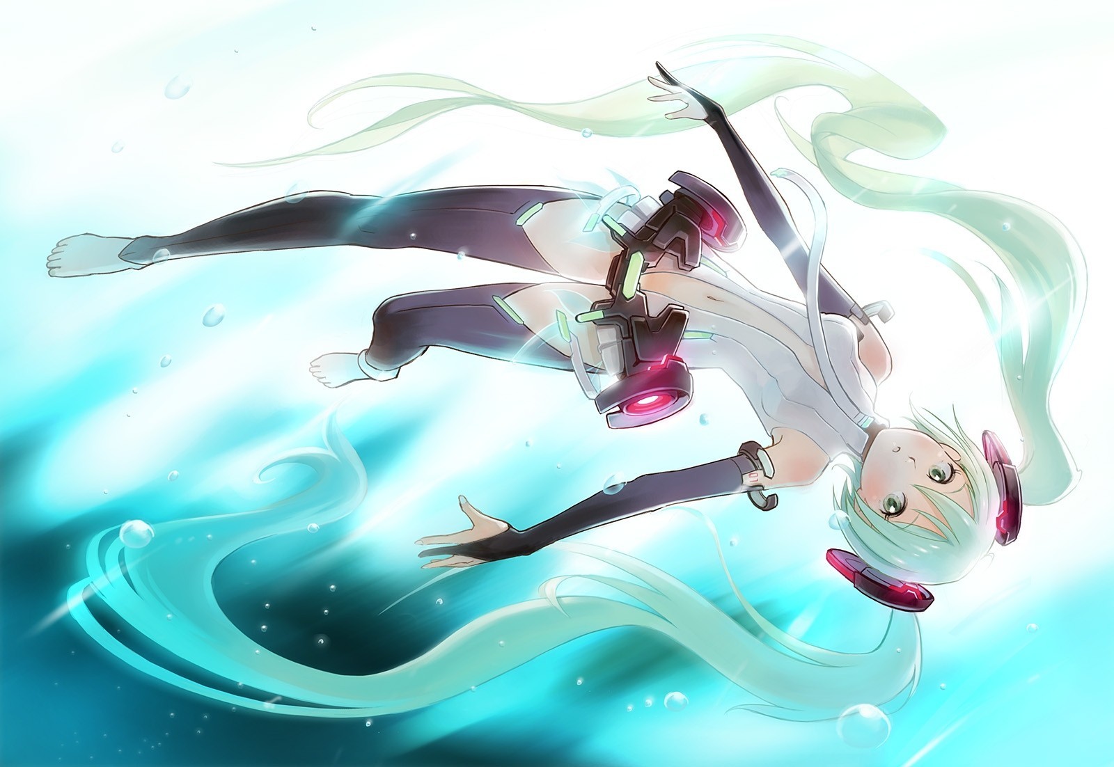 unterwasser blasen lange haare grüne augen twintails hatsune miku thighhighs blaue haare