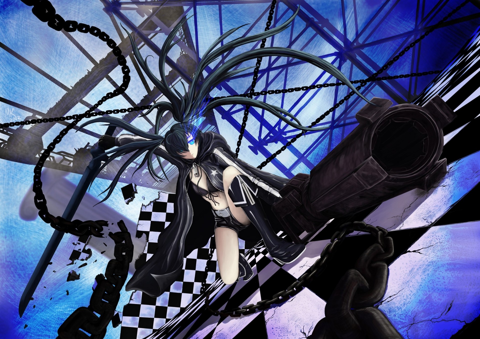 blue eyes flying fortress long hair boots bikini black hair chains weapon kuroi mato shorts sword