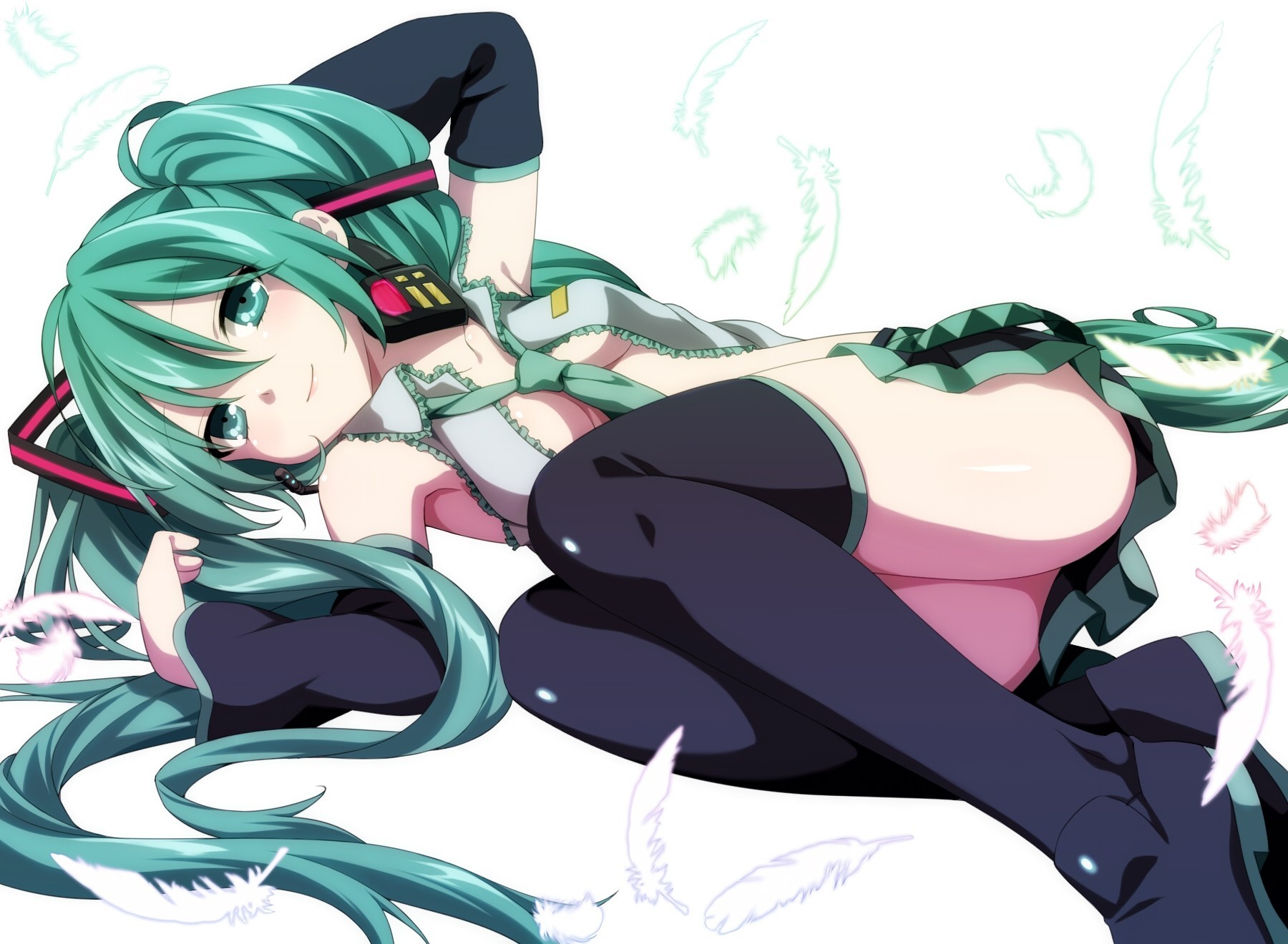 feathers twintails white green hair green eyes long hair bind hatsune miku thighhigh