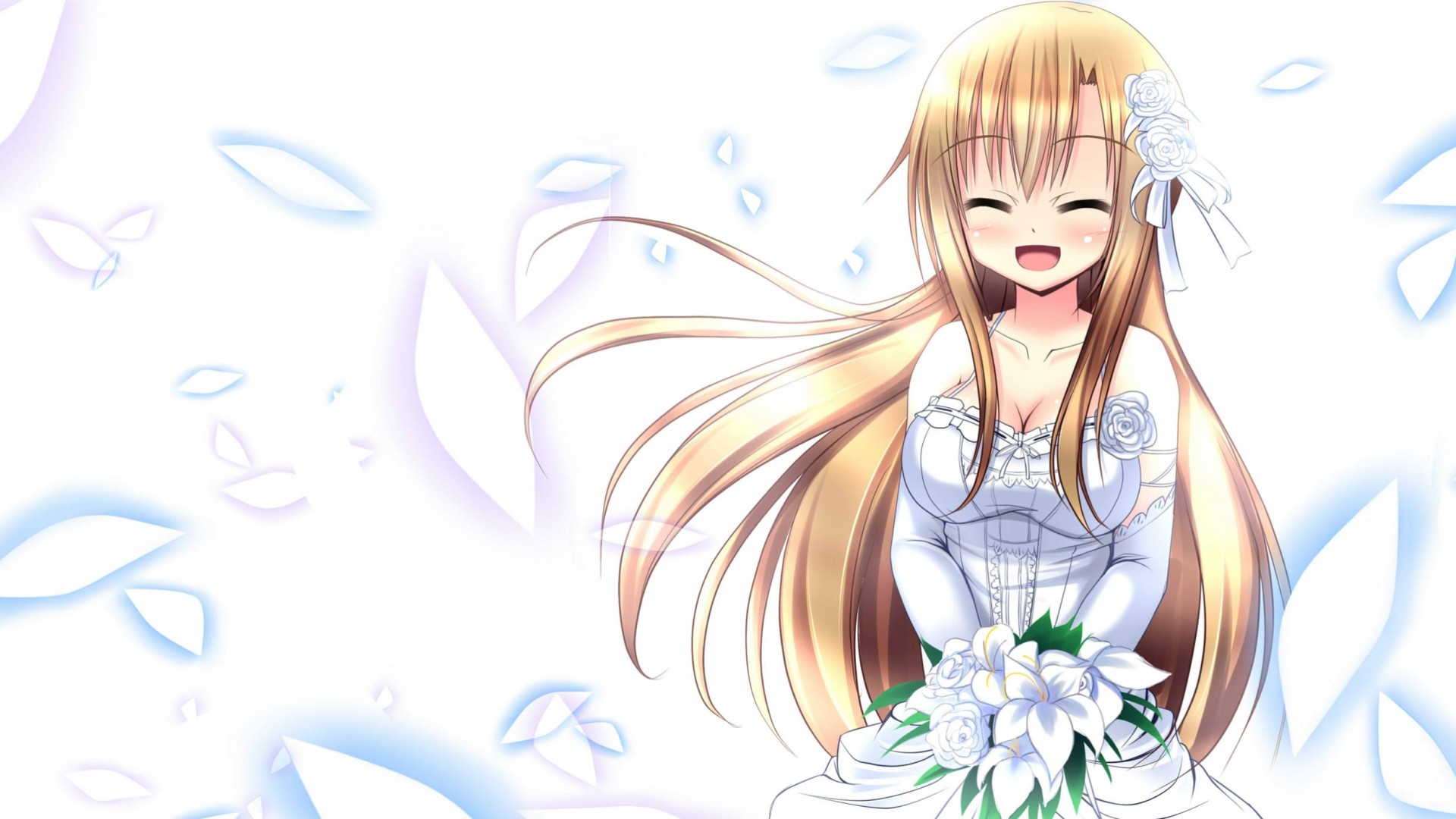 petals blonde hair blush gloves long hair yuuki asuna flower dress wedding dre