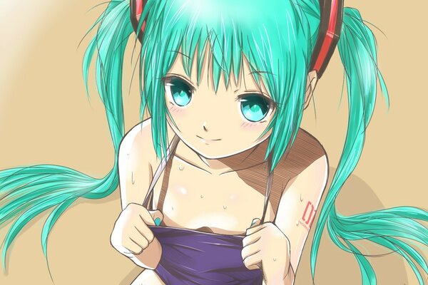 A girl with green hair in a swimsuit