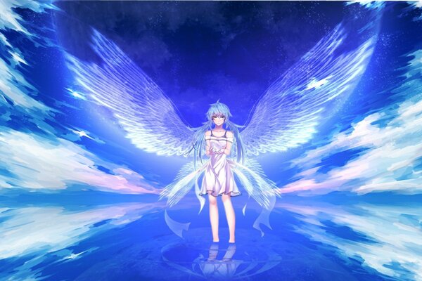 La heroína del anime en la imagen de un ángel con enormes alas en el fondo del cielo azul