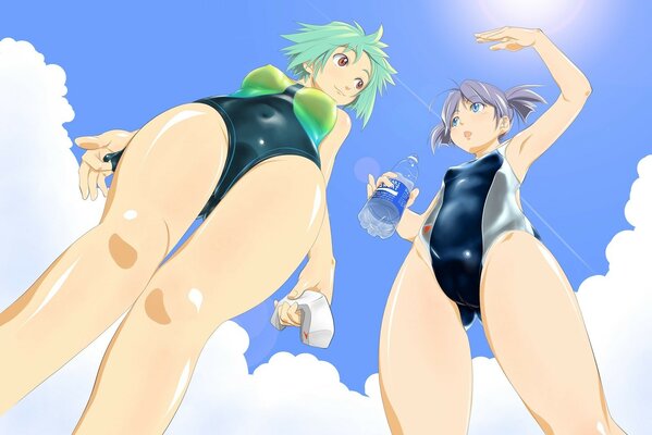 Anime girls in swimsuits on the beach