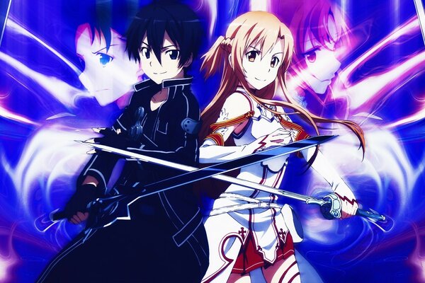 Los héroes guerreros Del anime kirigaya Kazuto y Yuki Asuna con armadura y espadas en la mano