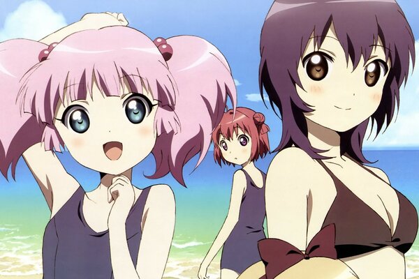 Chinatsu, Yui und Akari am Strand in Badeanzügen