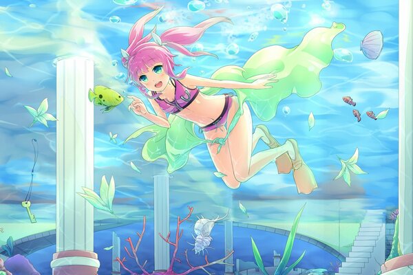 Anime Underwater World, regno sottomarino, ragazza con le pinne, pesci