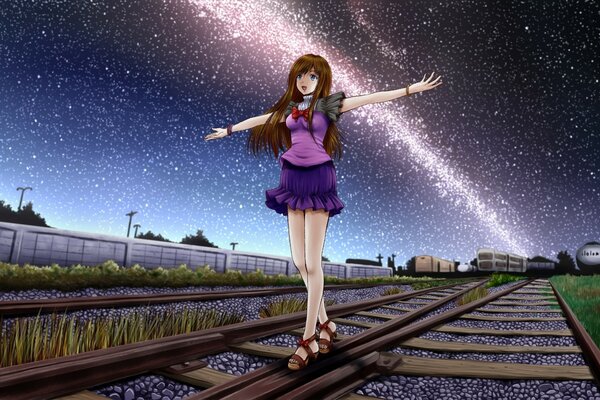 Anime Girl auf dem Hintergrund des Sternenhimmels