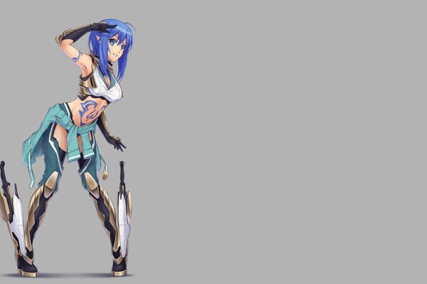 A girl with a gun and blue hair