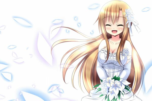 Девочка со светлыми волосами в свадебном платье и с букетом белых цветов