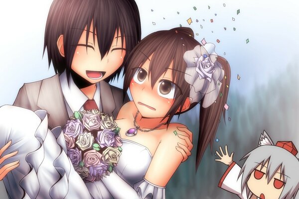Anime ślub Pan młody niesie pannę młodą w ramionach