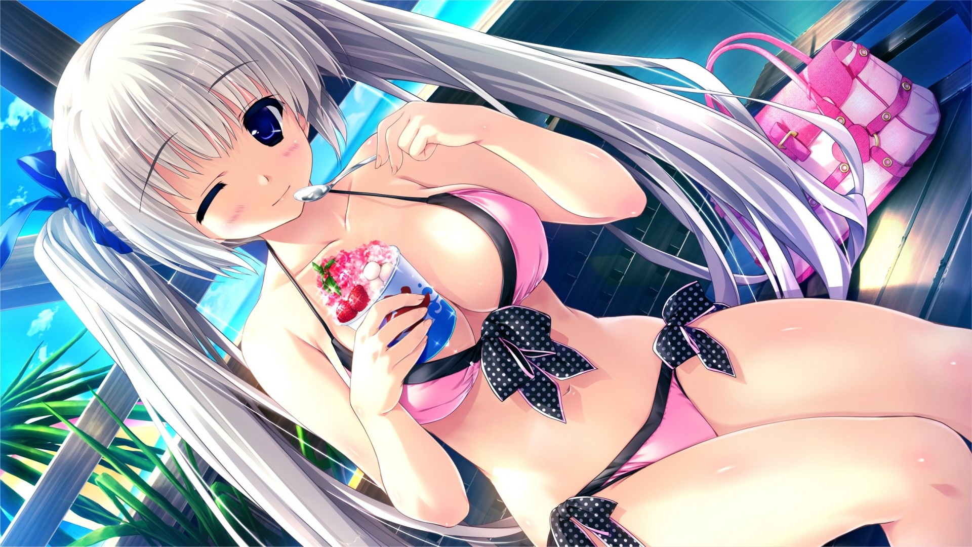 clin d oeil crème glacée cheveux longs bikini maillot de bain twintails cheveux blancs